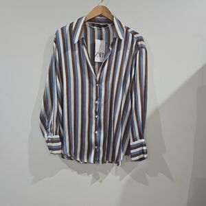 ZARA Woman's Striped Button-Up Long Sleeve Brown Blue White Shirt Size XXL